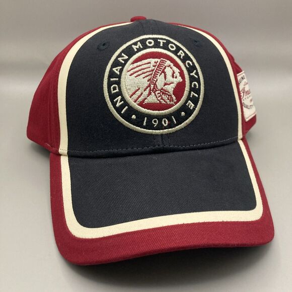 Indian Motorcycle 1901 Circle Patch Hat, Red & Black Strapback Adjustable Cap - Picture 1 of 11